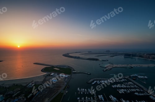 Preview: Dock with several luxury yachts and extraordinary island. Dubai marina, United Arab Emirates.
