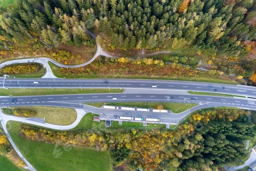 Preview: Top dawn aerial view of freeway speed road between yellow autumn forest trees in rural area.