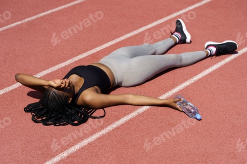 Preview: Powerless African American woman in sportswear lies on red track covering eyes with hand from sun