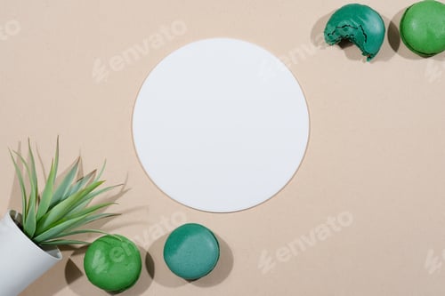 Preview: French Macarons with paper mockup on a beige background