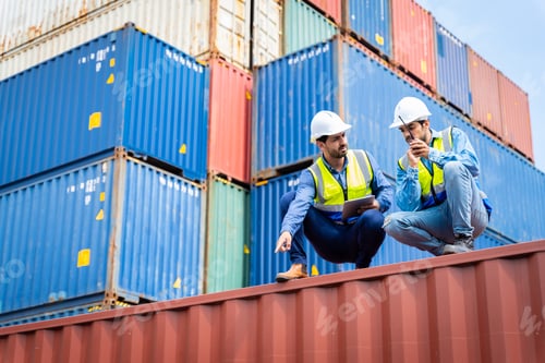 Preview: Two male engineers in a container shipping company