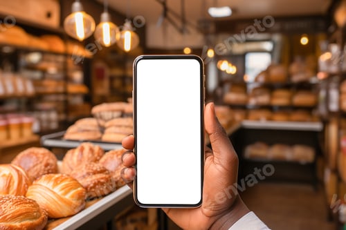 Preview: African man hand holding smartphone in bakery shop. smartphone with empty white display mockup.