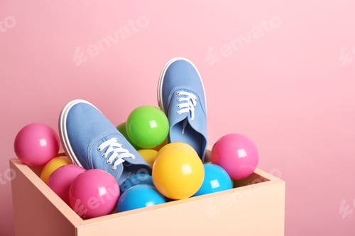 Preview: New sneakers in box with plastic balls on color background, space for text