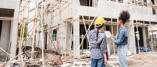 Preview: The engineer manager and the female foreman are standing on the building site.