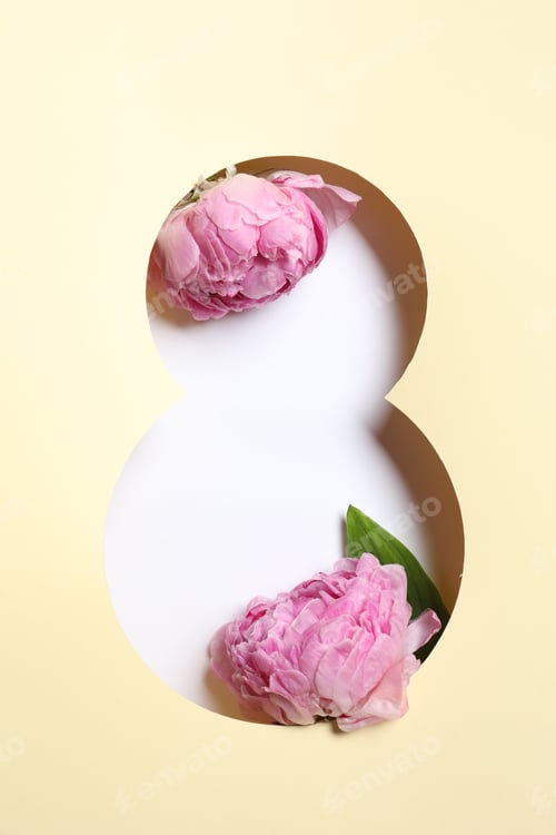 Preview: 8 March greeting card design with pink peony flowers, top view. Happy International Women's Day
