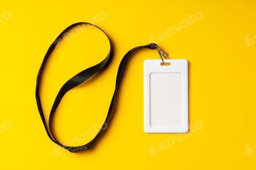 Preview: Blank nametag on a string on yellow background copy space