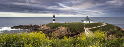 Preview: Panoramic view of Isla Pancha island lighthouse on the coast of Ribadeo, Galicia, Spain