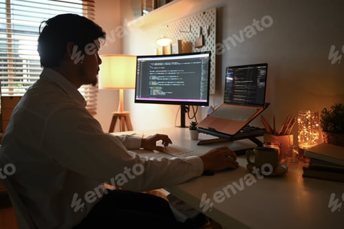 Preview: Young man programmer coding on computer in the evening at home