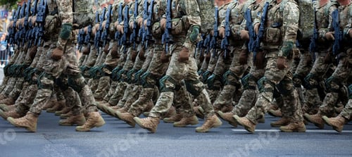 Preview: Military soldiers march in a parade with weapons. Pixel uniform. Soldier's legs. Military background