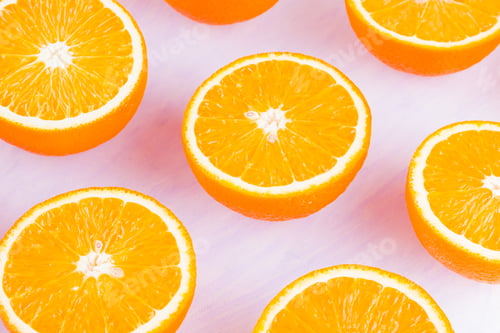 Preview: Background Of Oranges Fruits. Many Halves Of Fresh Oranges, Top View. Citrus For Making Juice. A