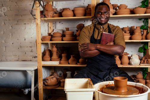 Preview: young and happy latino american businessman creating molds a handmade clay