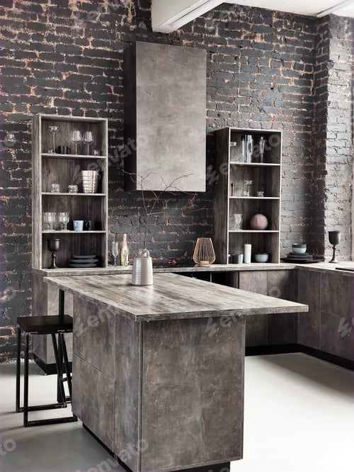 Preview: Modern design of a large gray kitchen.