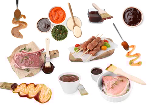 Preview: Marinade sauces and different types of marinated meat on white background, collage