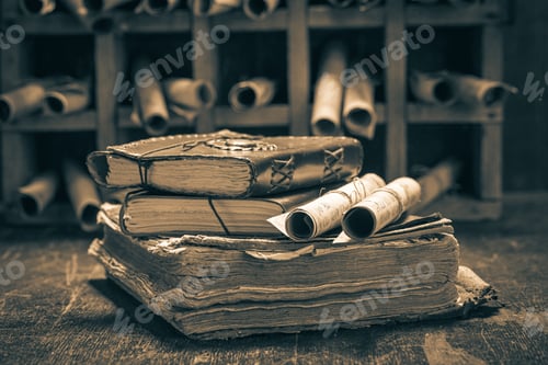 Preview: Old books and antique scrolls in library
