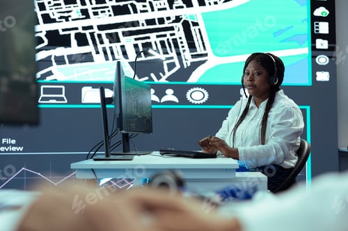 Preview: African american call center operator tracks orders for clients