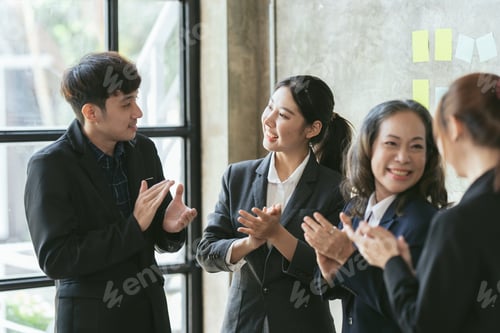 Preview: Business People Team Applauding Achievement Concept, Happy business team applauding after successful