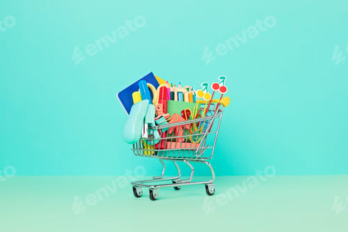 Preview: Shopping trolley full of school supplies. Preparation to school, shopping, sale, deals, discounts