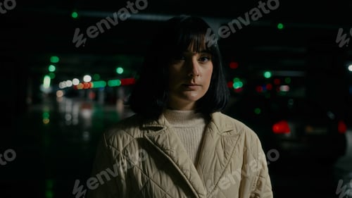Preview: Close up serious worried woman waiting someone wait meeting taxi car order automobile looking side