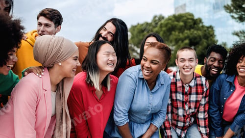 Preview: Multiethnic diverse group of people having fun outdoor - Multiracial community life style concept