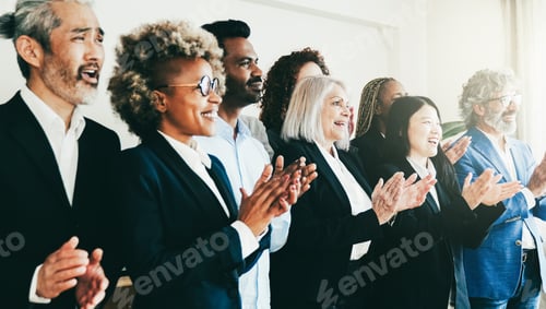 Preview: Business celebration, Diverse business people congrats insideoffice. Colleagues clap hands