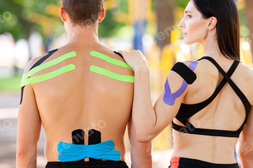Preview: Athletes with kinesiological taping posing at sports ground