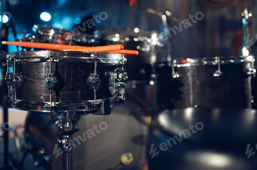Preview: Professional drum kit and sticks closeup, nobody