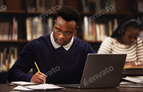 Preview: Student, man and writing in library for studying, research and planning in university, scholarship
