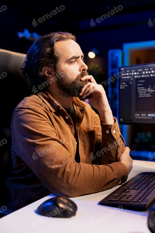 Preview: Pensive IT engineer thinking of ways to fix vulnerabilities in software