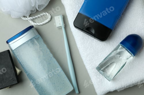 Preview: Concept of men's hygiene tools on light gray background