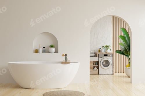 Preview: Bathroom interior in white room with bathtub and washing machine on white wall