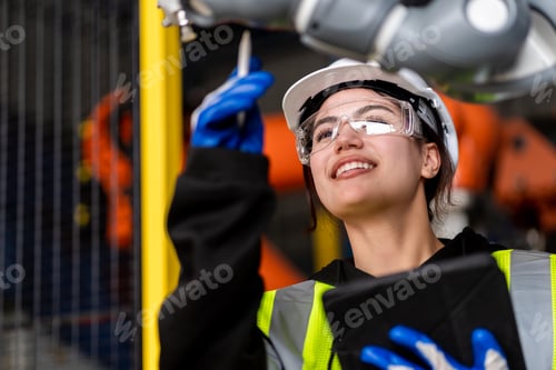 Preview: A team engineers meeting to inspect computer-controlled steel welding robots.