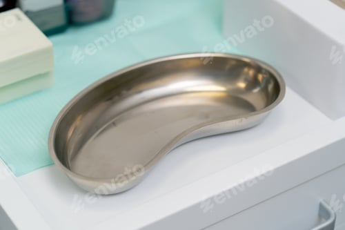 Preview: close-up in gynecology room on the table there is a metal bowl for sterile disposal