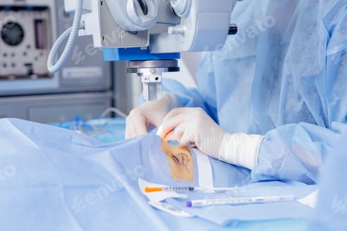 Preview: Smiling oculoplastic surgeon marking eyelid during upper blepharoplasty in sterile theater