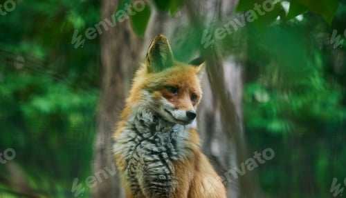 Preview: Portrait of a wild red fox in green foliage