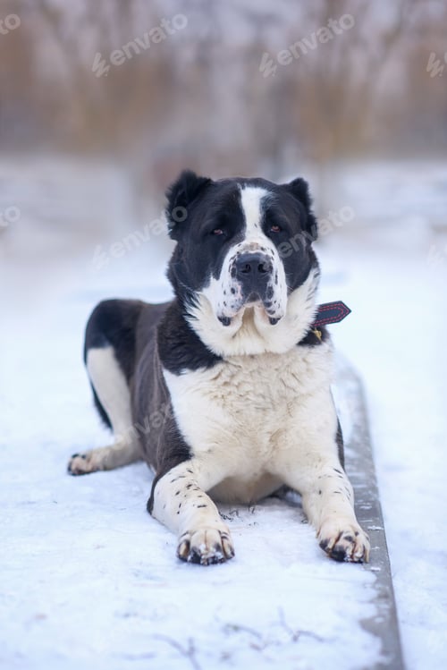 Preview: a big dog alabai sits on a snowy road on a frosty day
