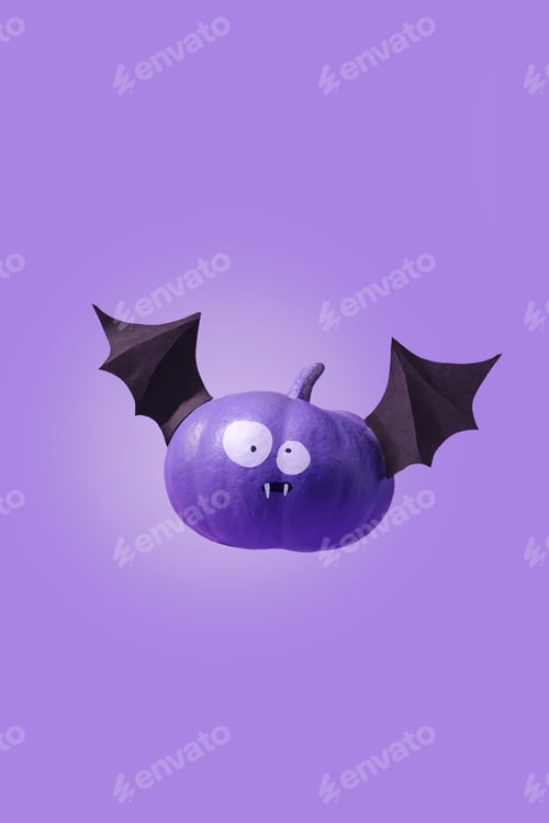 Preview: Happy Halloween, Funny pumpkin bat with frightening eyes, purple background