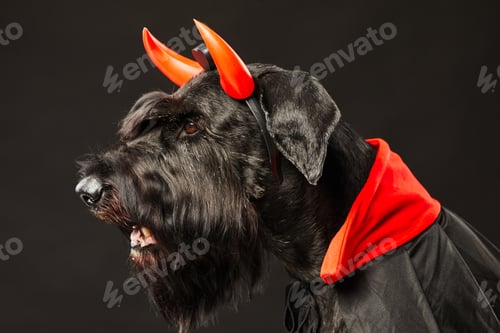 Preview: Black schnauzer wearing devil costume