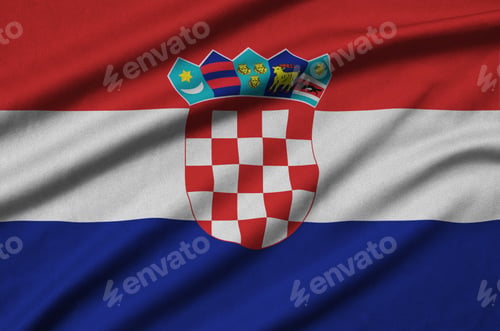 Preview: Croatia flag is depicted on a sports cloth fabric with many folds. Sport team waving banner