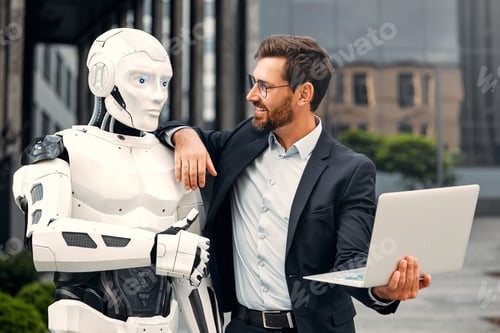 Preview: Robot with businessmen on the street near the building