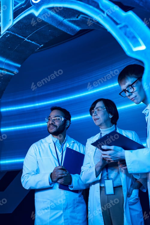 Preview: futuristic research, multiethnic scientists examining experimental device in innovation hub