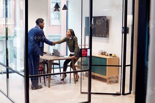 Preview: Businesswoman Shaking Hands With Male Job Candidate In Meeting Room After Interview