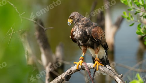 Preview: Harris hawk is resting in the trees