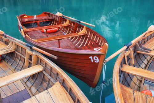 Preview: Boats on the Lago di Braies, Italy. Aerial landscape