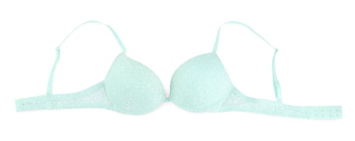 Preview: Beautiful turquoise bra isolated on white, top view