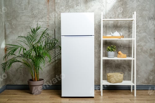 Preview: White Refrigerator with Plant and Shelving in Home