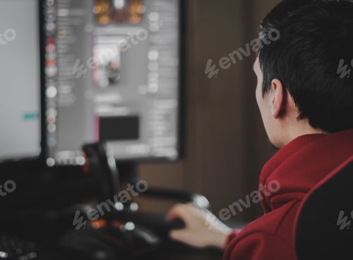 Preview: A young caucasian guy sits in a work chair in front of a large computer screen and looks news feed