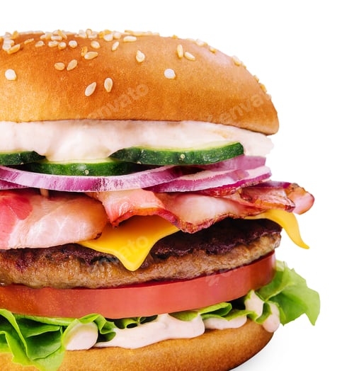 Preview: Delicious burger with bacon on white background
