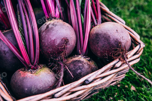Preview: Fresh beet, beetroot harvest in wooden basket on green grass background