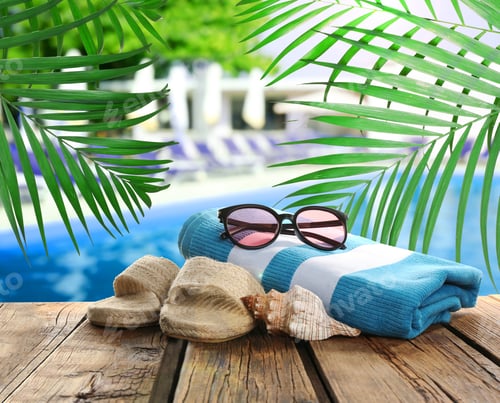 Preview: Beach towel, sunglasses, shoes and sea shell on wooden surface near outdoor swimming pool