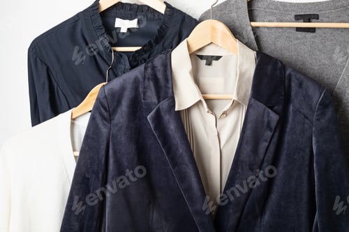 Preview: Flat lay of clothes and hangers, assortment of women's clothing